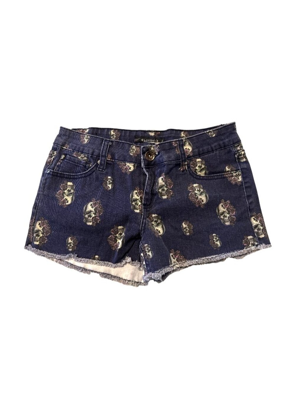 Lovesick Womens Skull Print Denim Shorts Size 5 Blue Cotton Blend Frayed Hem